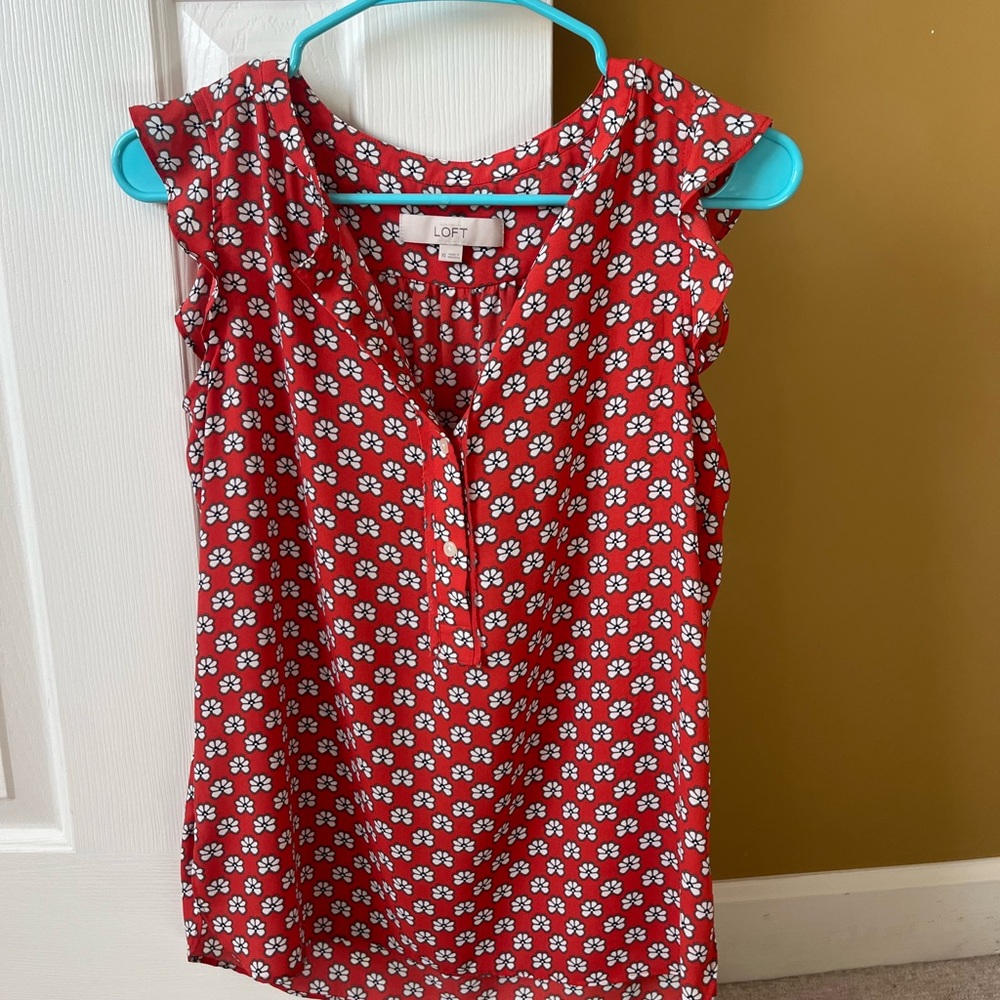 LOFT Red and White Floral Blouse
